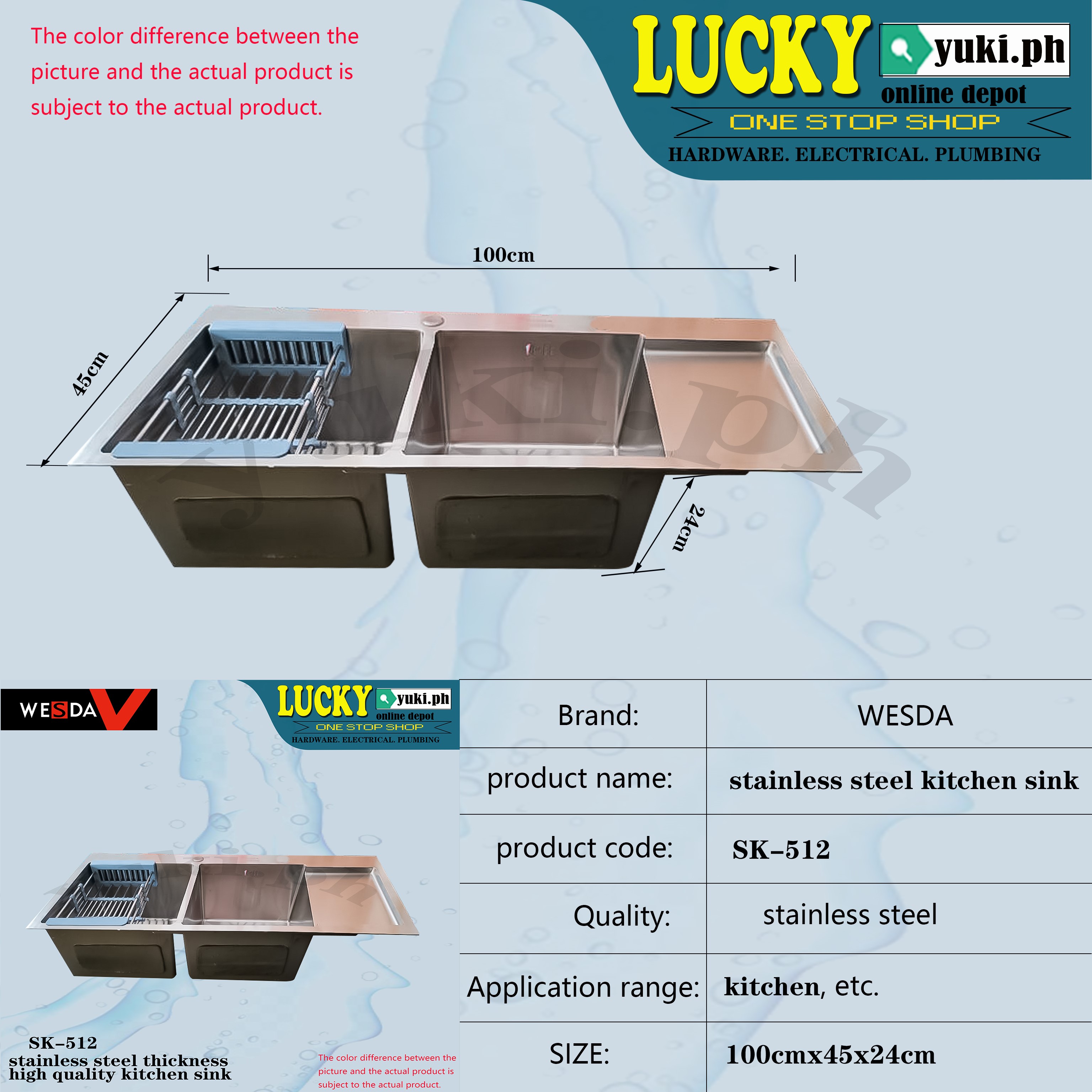 SK512 STAINLESS STEEL DOUBLE KITCHEN SINK WITH STRAINER AND SIDE BOARD