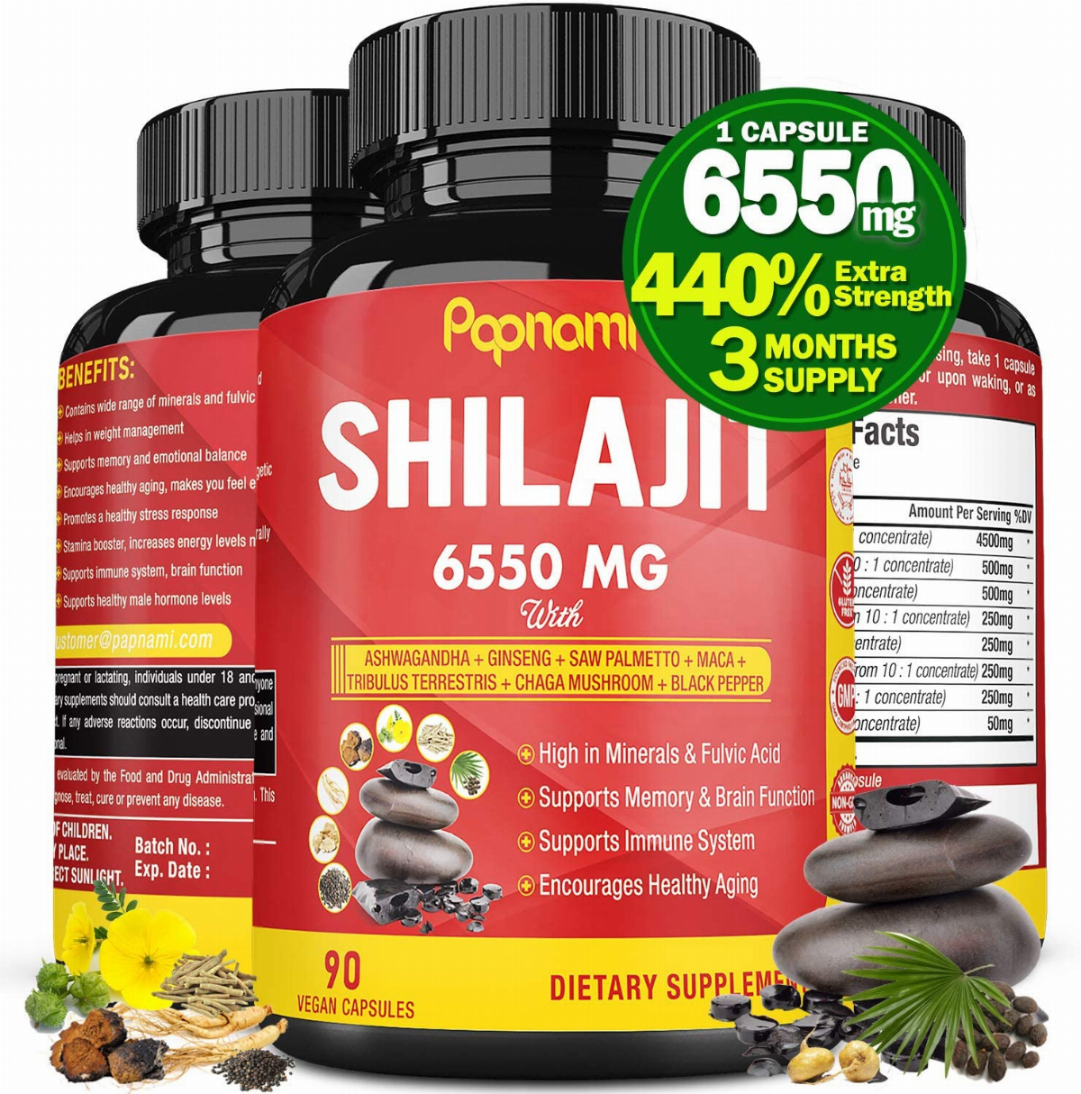 Papnami Organic Shilajit Extract Capsules 6550mg with Ashwagandha