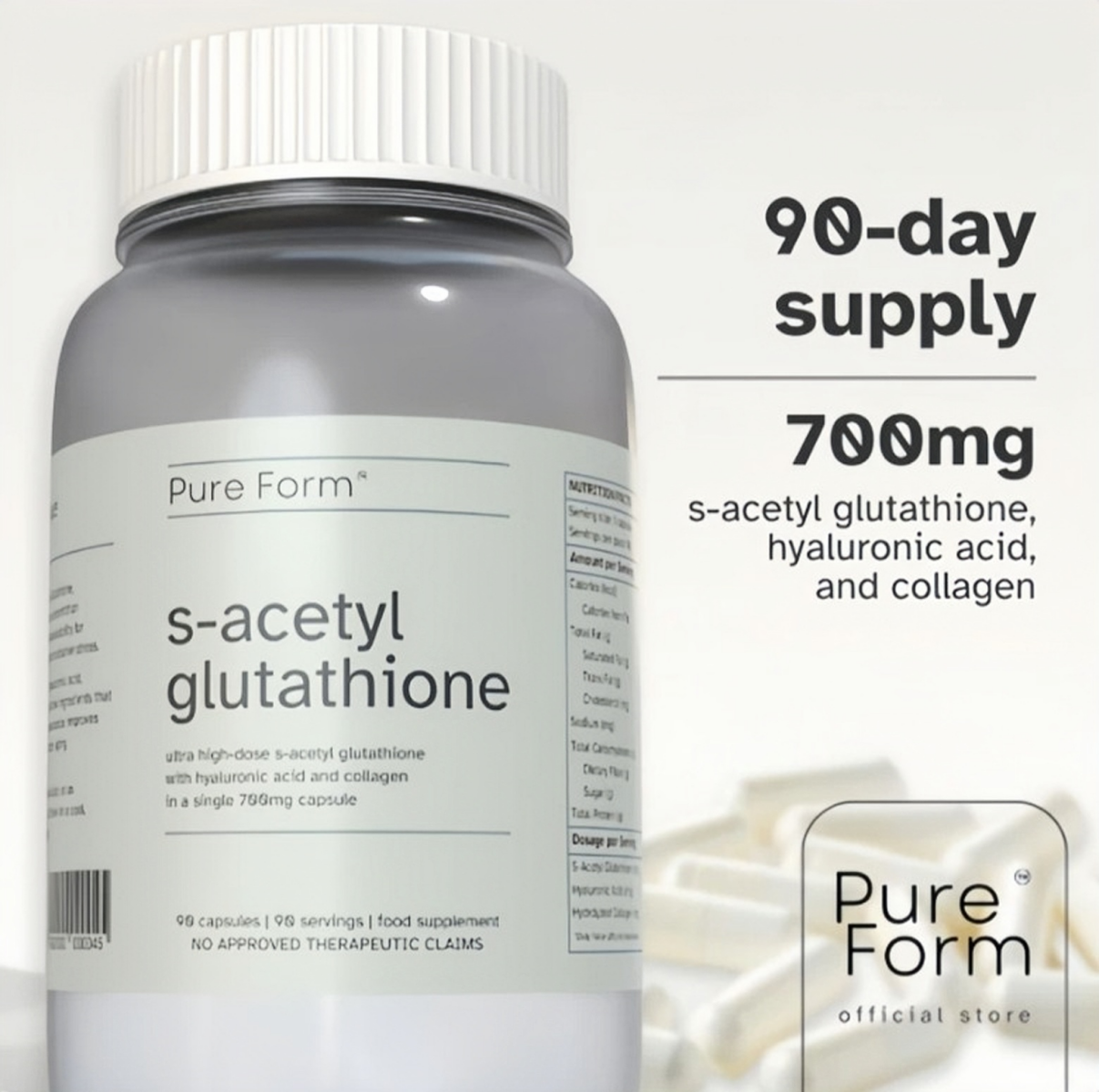 Pure Form S-Acetyl Glutathione | 90 Capsules | 700mg of Gluta + Hyaluronic Acid + Collagen Skin Barrier Strengthening Supplement 90-Day Supply Glutathione Capsules - Lazada