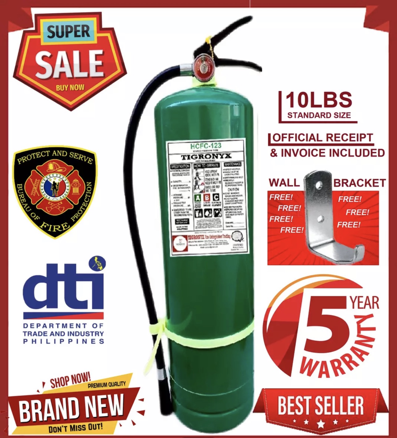 Fire Extinguisher 10lbs HCFC 123 Green 5 Years Expiration Refillable