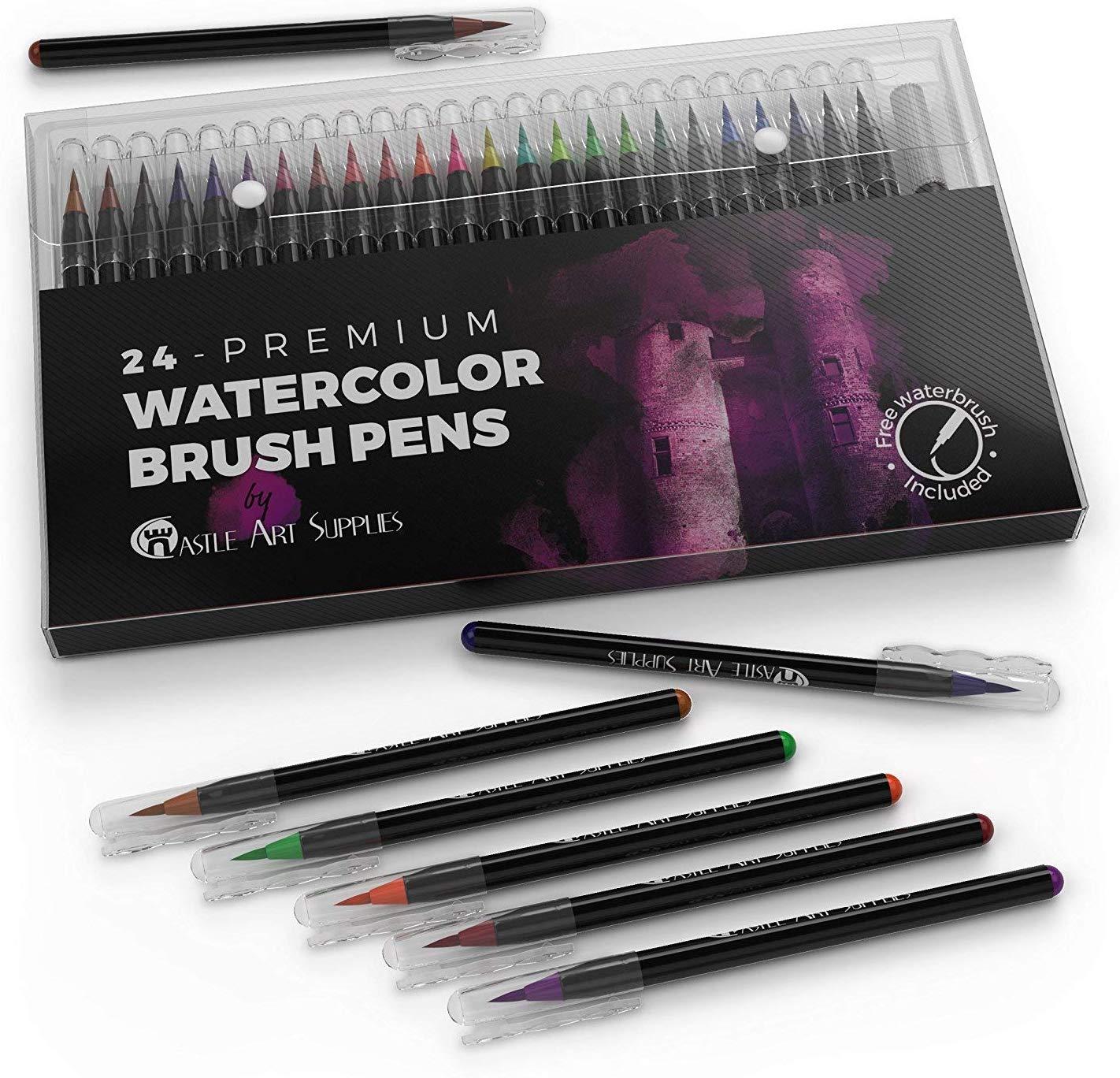 Castle Art Supplies Watercolor Brush Pens Set of 24 - Vibrant Markers with Flexible Nylon Brush Tip