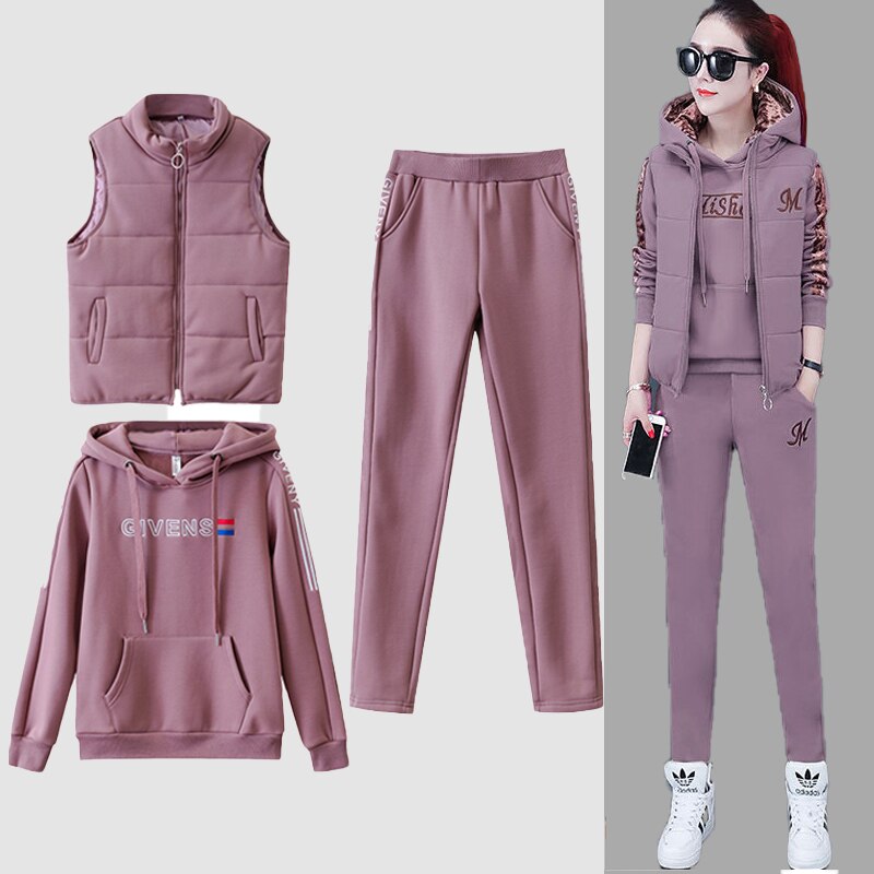 Women's 3 Piece Set Tracksuit Autumn Winter Sport Suit Hoodies+Vest+Pants Casual Suit Velvet Warm Sporting Women Set Outwear