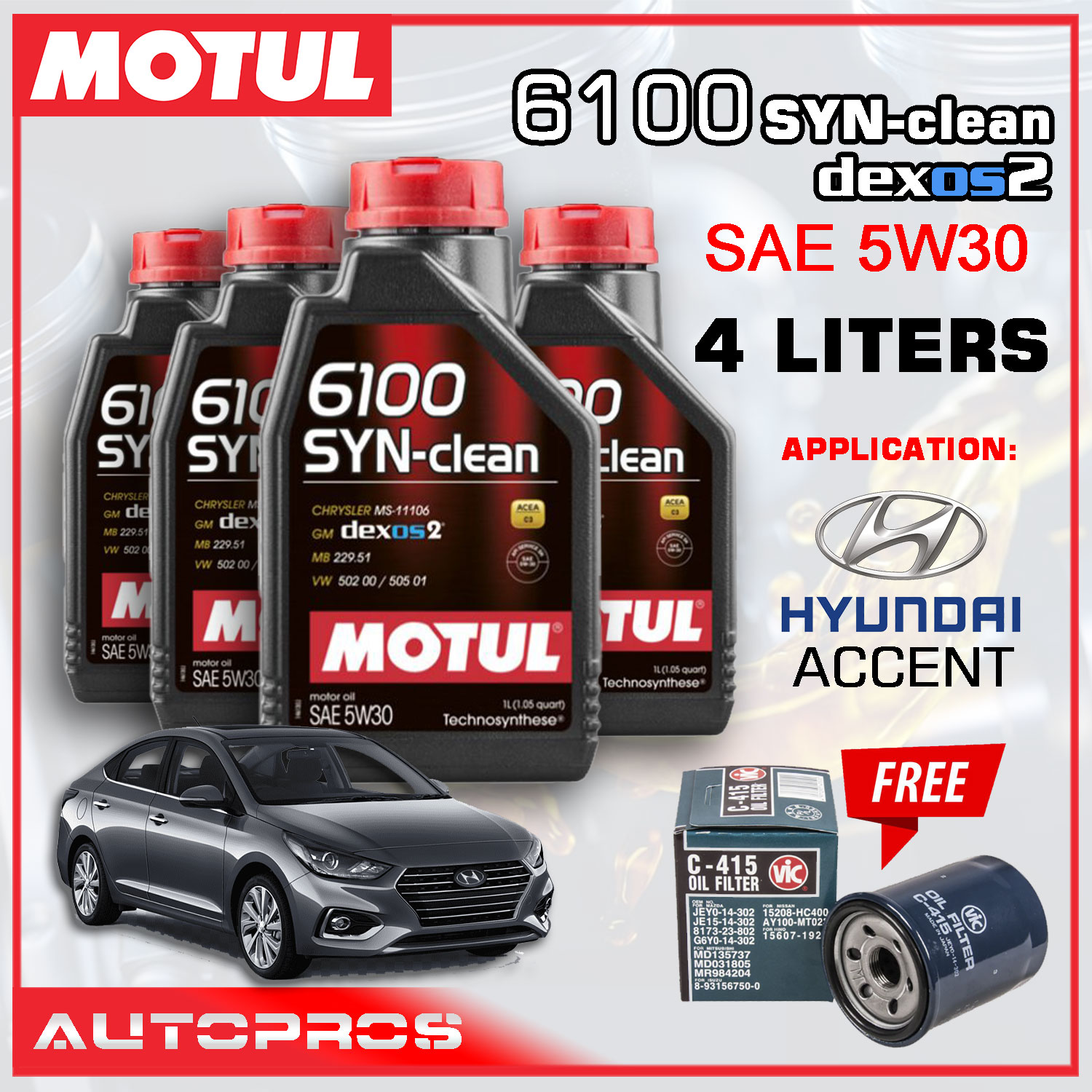MOTUL 6100 SYNclean 5W30 4 Liters Change oil for Hyundai Accent
