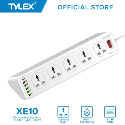 TYLEX XE10 10x Universal Power Strip Socket with 5 USB Charging Ports 1 Type-C Port 2M