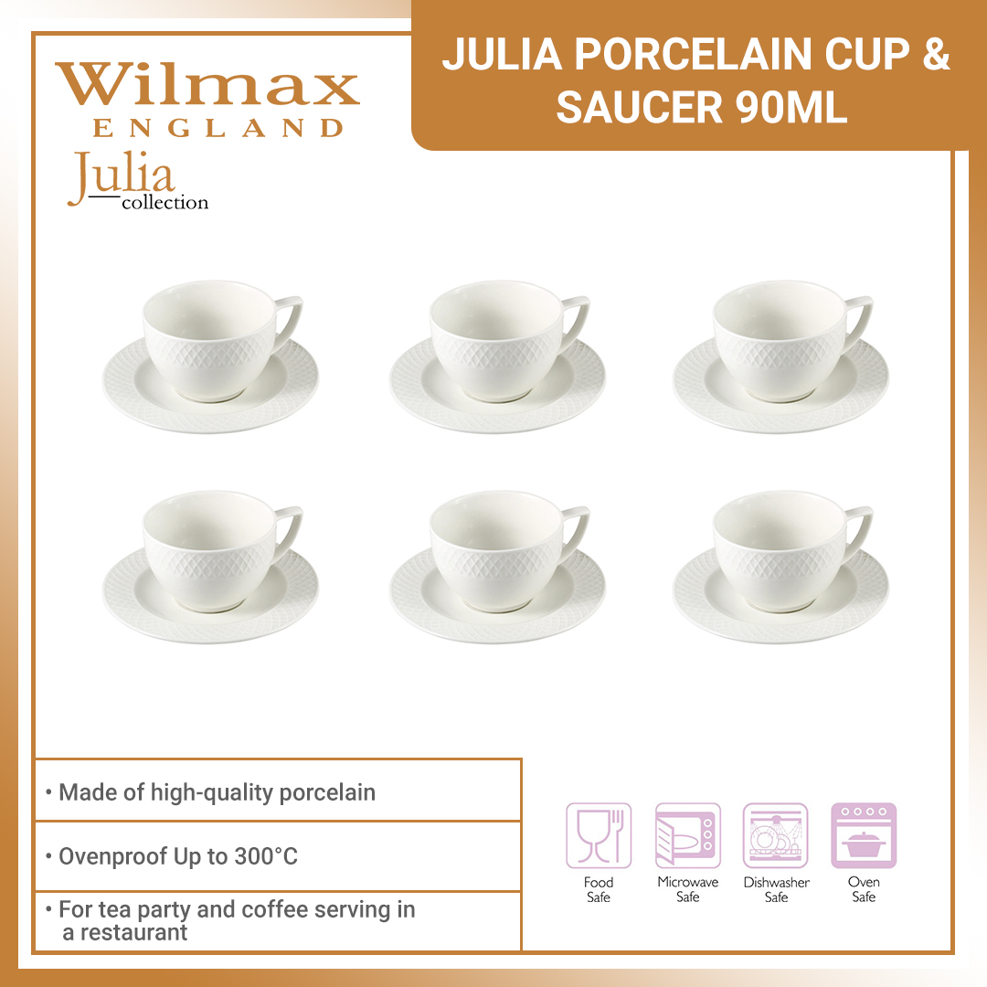 Wilmax Julia Coffee Cup and Saucer 3 oz / 90 ml Set of 6 (Colour Box