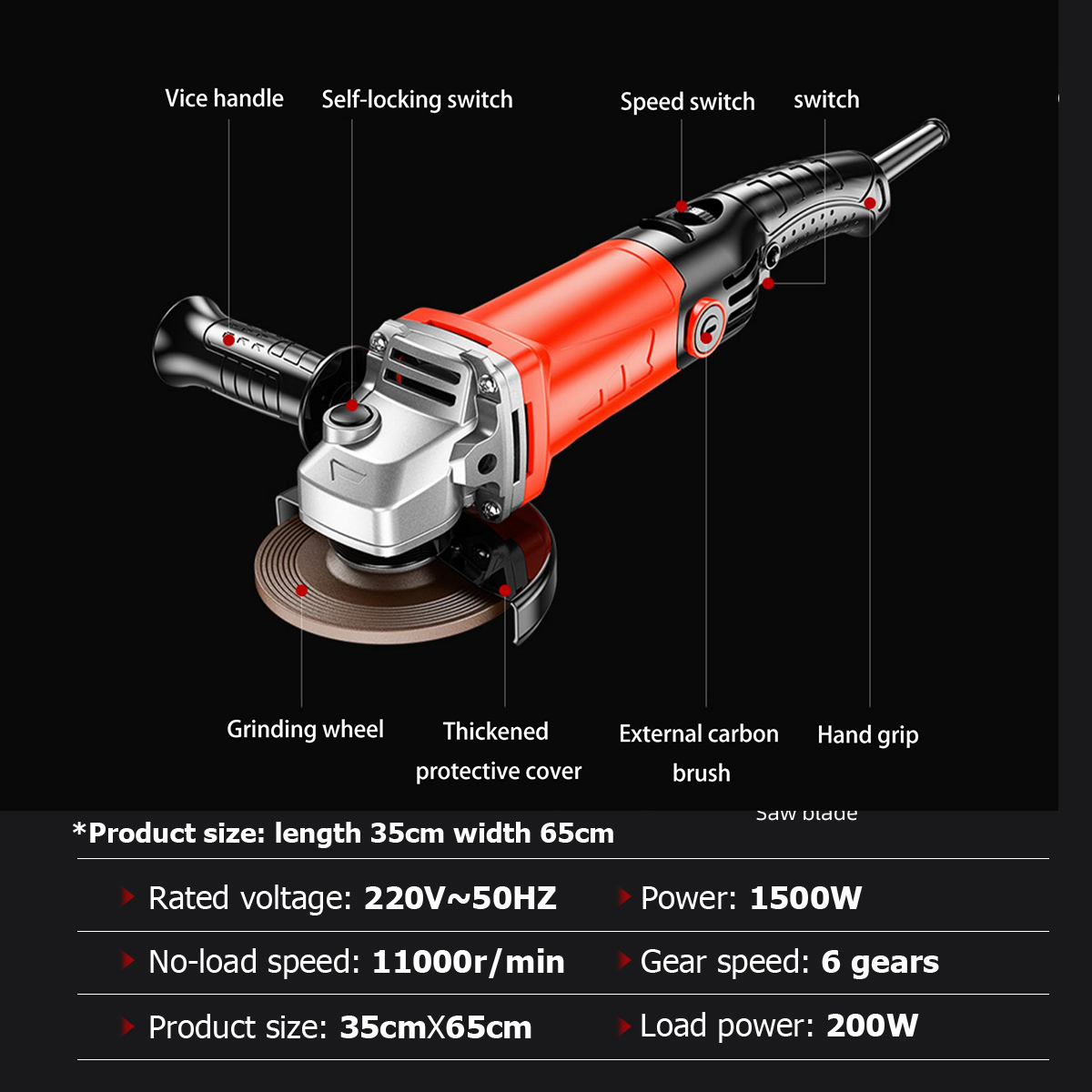 Angle grinder industrial 1500W power 