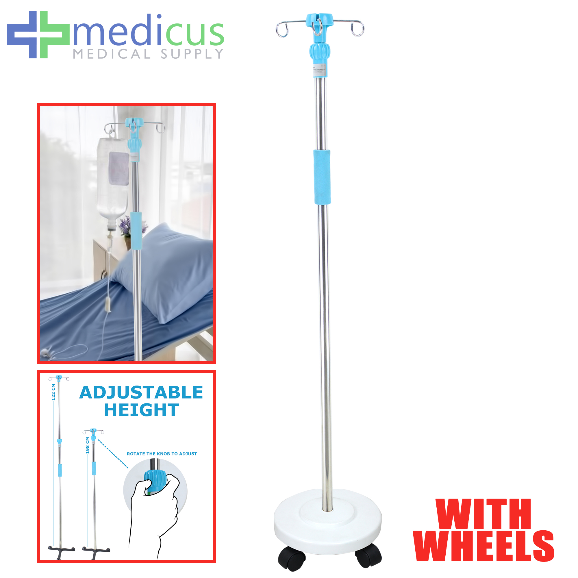 Medicus IV Stand 4 Hooks Adjustable Stainless Steel (with Wheels