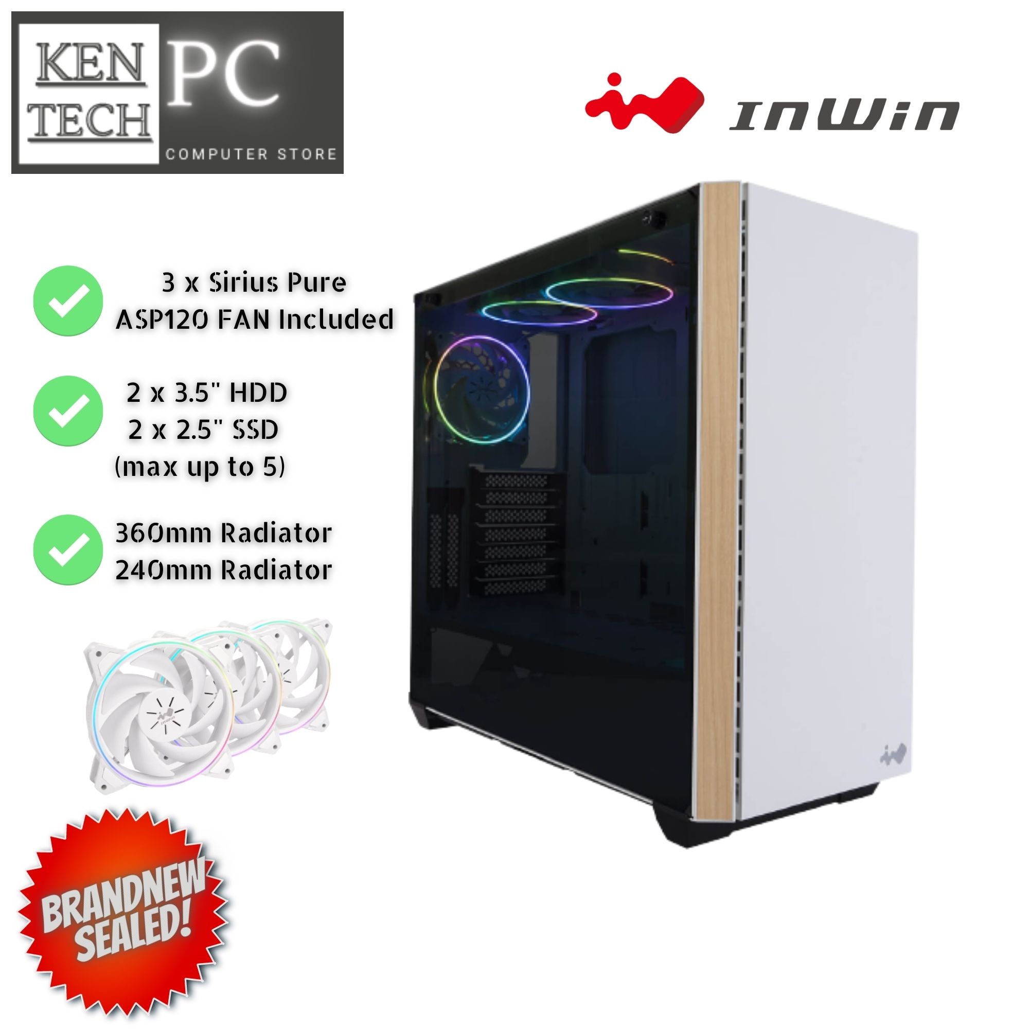 INWIN 216 White ATX Tempered Glass MID TOWER CASE W/ Sirius Pure ASP120 ...