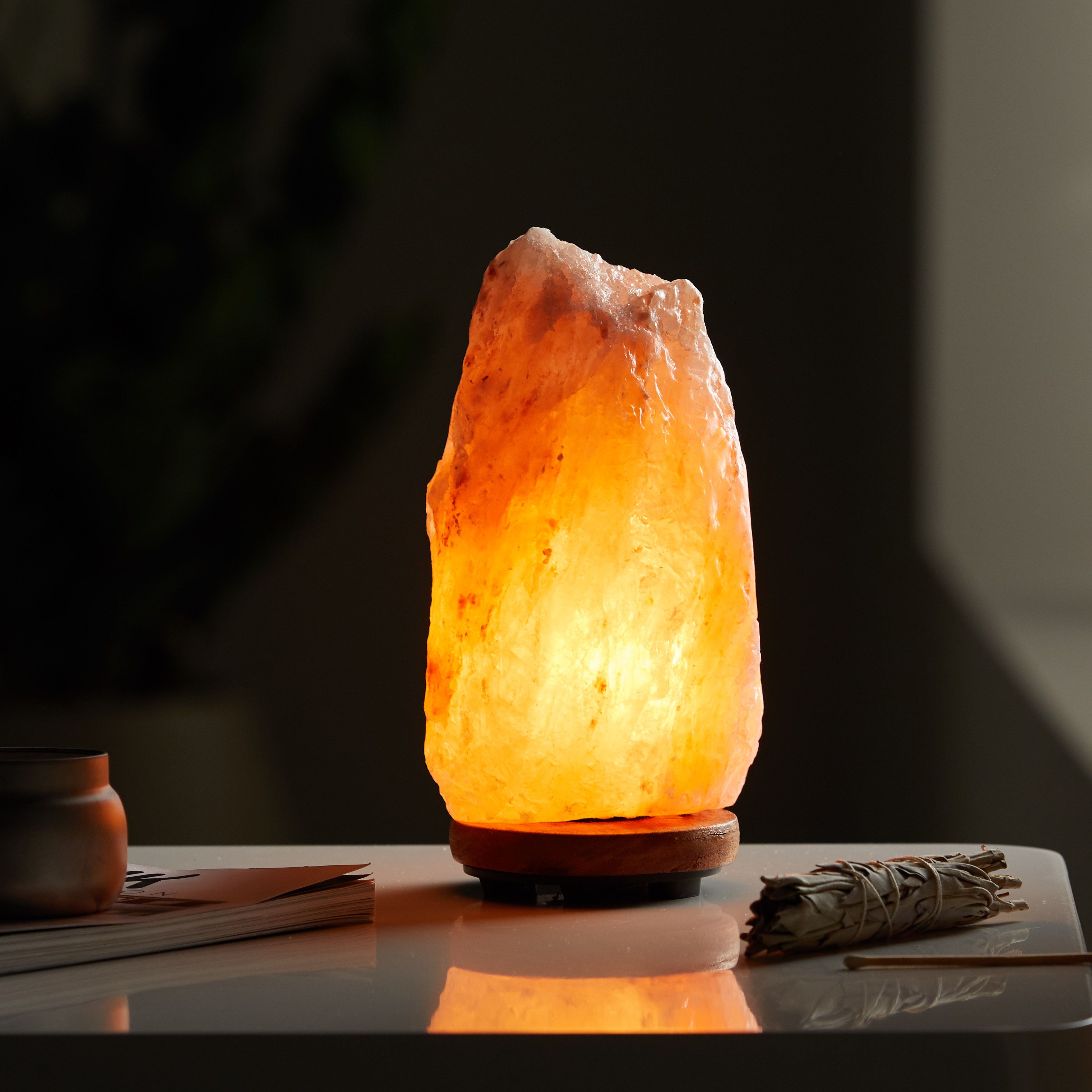 Himalayan Hand Carved Natural Crystal Salt Lamp Genuine Wood Base Dimmer Bulb