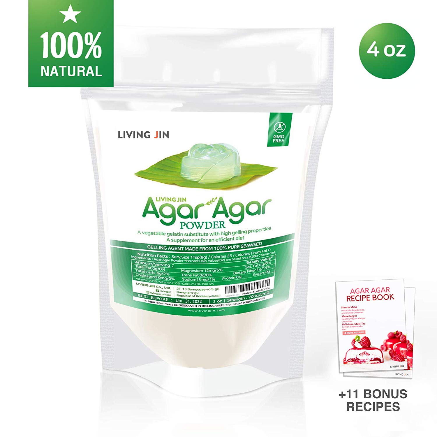 LIVING JIN Agar Agar Powder (4oz) Vegan Gelatin Substitute, Certified  Gluten-free, Non-GMO, 100%, Sugar-free, Halal, Desserts, 100% Natural Red  Algae