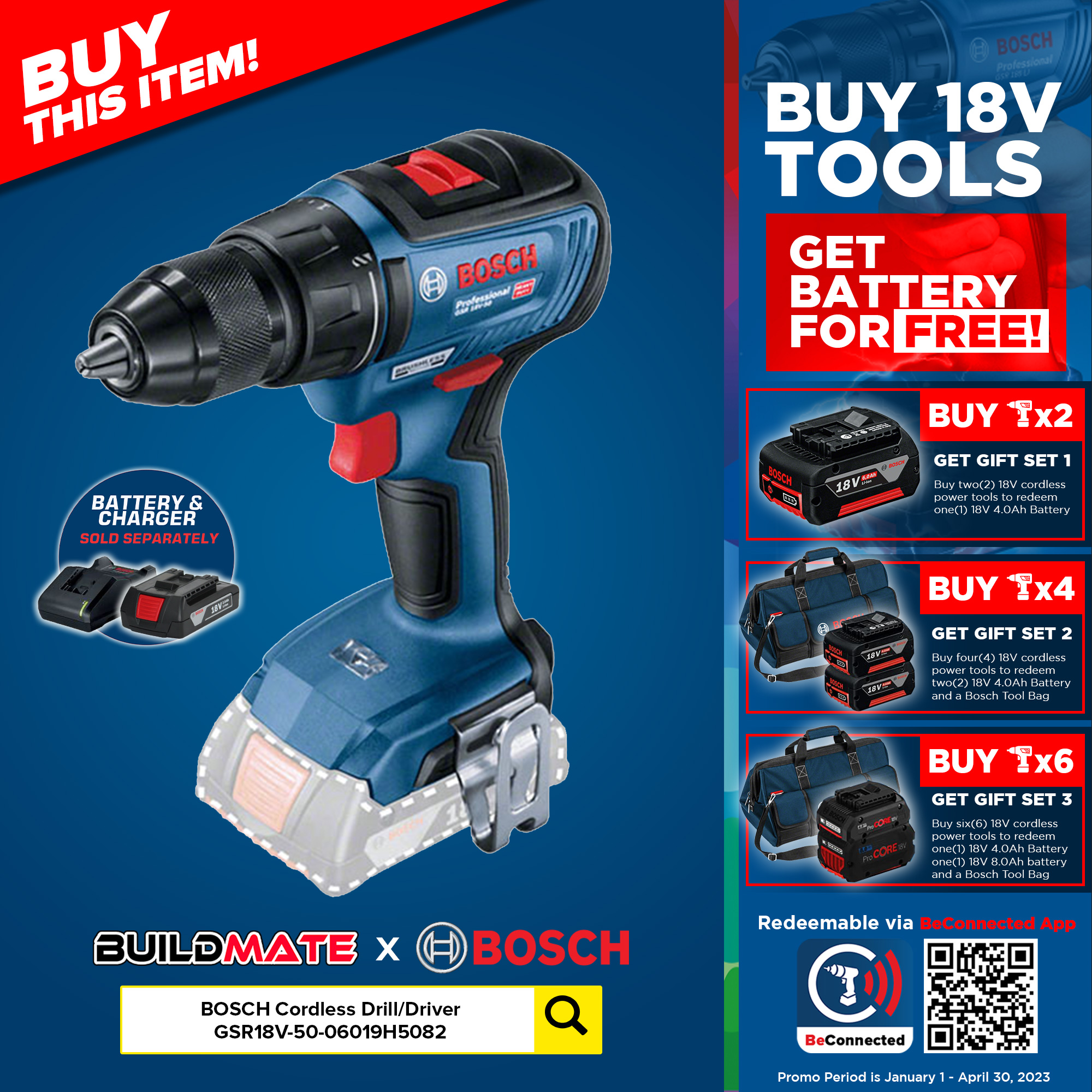BOSCH Professional Lithium Ion LiIon Cordless Drill Driver GSR 18V50