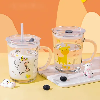Children's milk cup with graduated breakfast milk cup heating glass children's milk powder drinking straw cup 350ml.