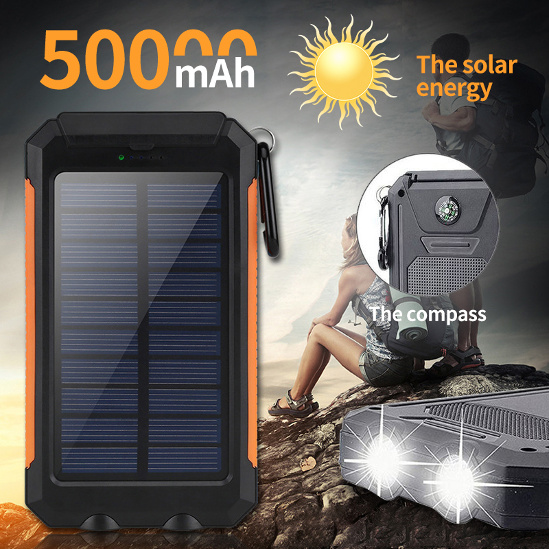 Ayyie Solar Charger,10000mAh Solar Power Bank Portable External Backup Battery Pack Dual USB Solar Phone Charger with 2LED Light Carabiner and Compass for Your Smartphones Orange-1 