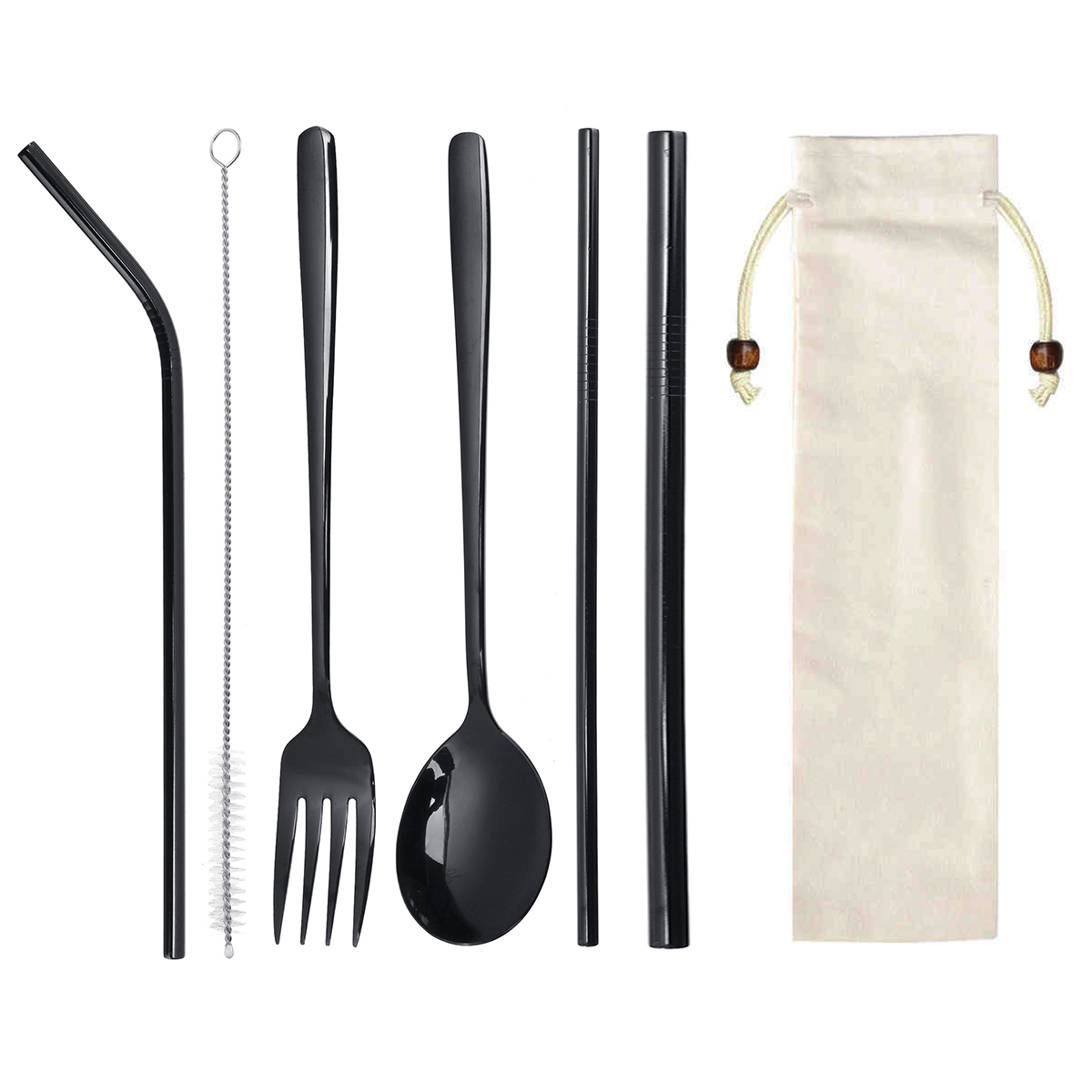 Stainless Steel Spoon, Fork , Straw and Brush with Pouch Portable