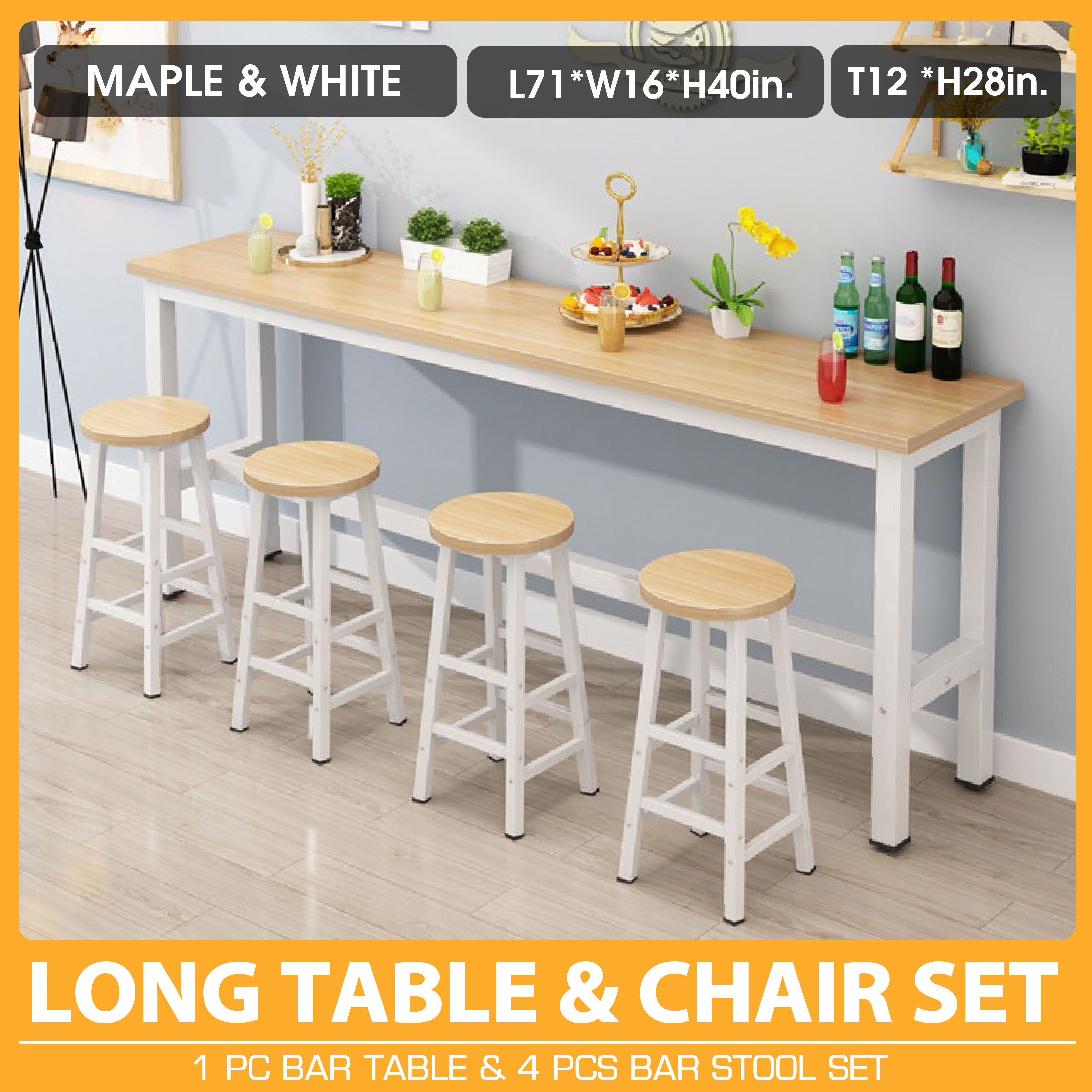 Long bar store table with stools