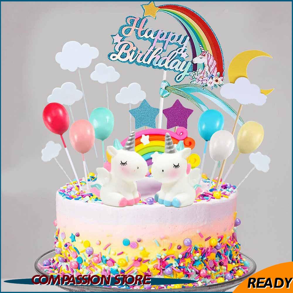 21pcs Unicorn Cake Topper Kit Cloud Rainbow Happy Birthday Banner Decoration