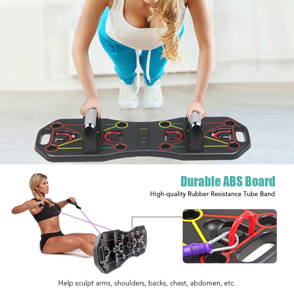 Multifunction Foldable Push Up Board System With Resistance Bands And Pull Rope Color Guided
