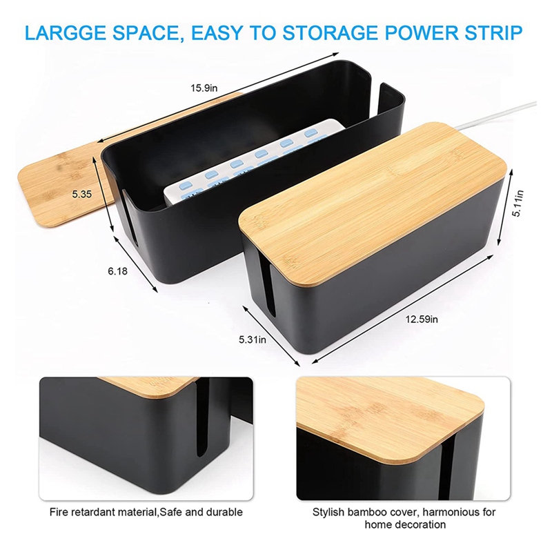 2 Pack Cable Management Box Large & Medium Bamboo Cable Cord Organizer ...