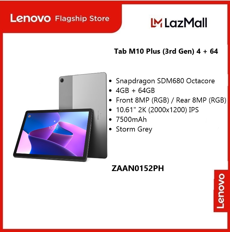 Lenovo Tab M10 Plus (3rd Gen) ZAAN0152PH, 4GB+64GB, Qualcomm® Snapdragon™  SDM680, Octacore, Integrated Qualcomm Adreno™ 610 GPU, Front 8.0MP (RGB)  / Rear 8.0MP (RGB), 7500mAh, Android™ 12 or later