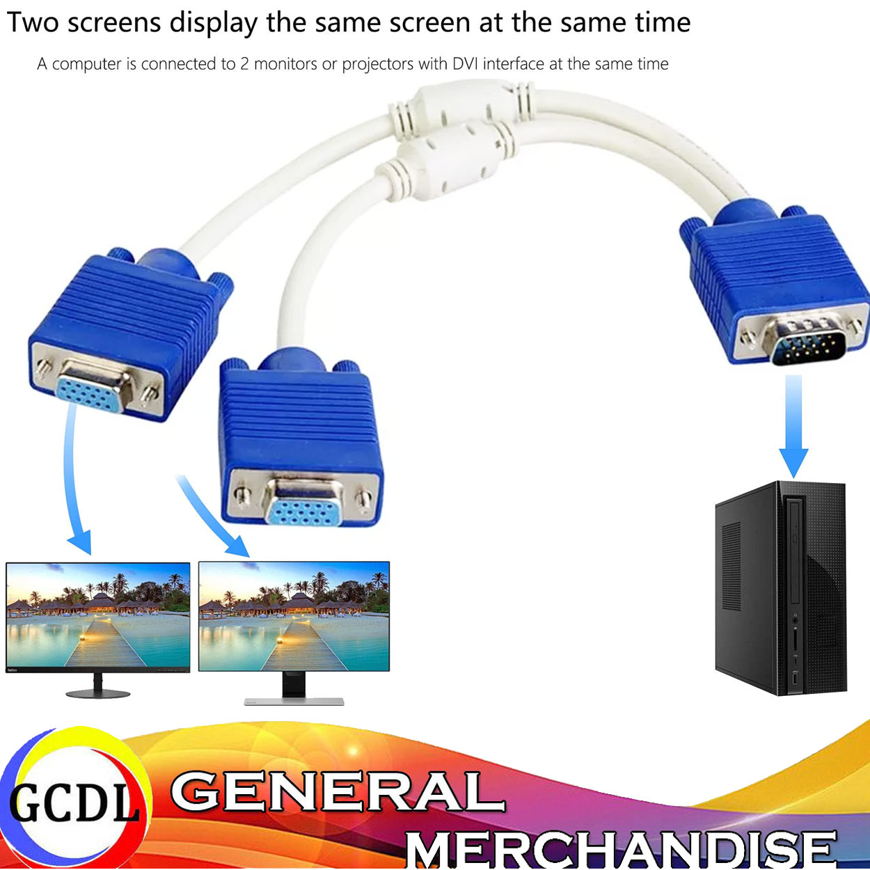 One host connects two monitors VGA lines Computer display