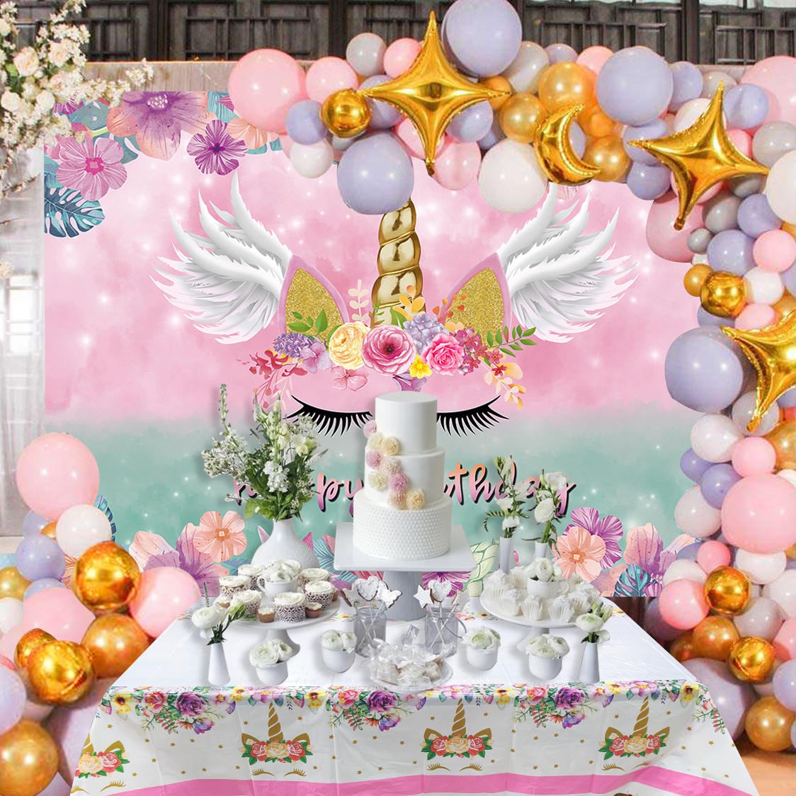 thumbnail image 2 of Magical Unicorn Photography Backdrop & Props - 4.5x6ft Rainbow Party Background With Photo Booth Supplies 2 of 14