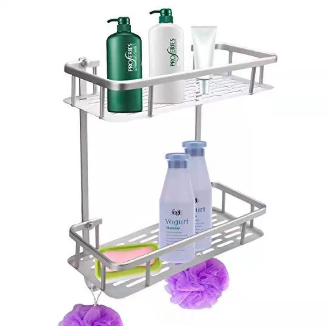 Double Layer Bathroom Storage Organizer Holder Shelf With Hooks Rack