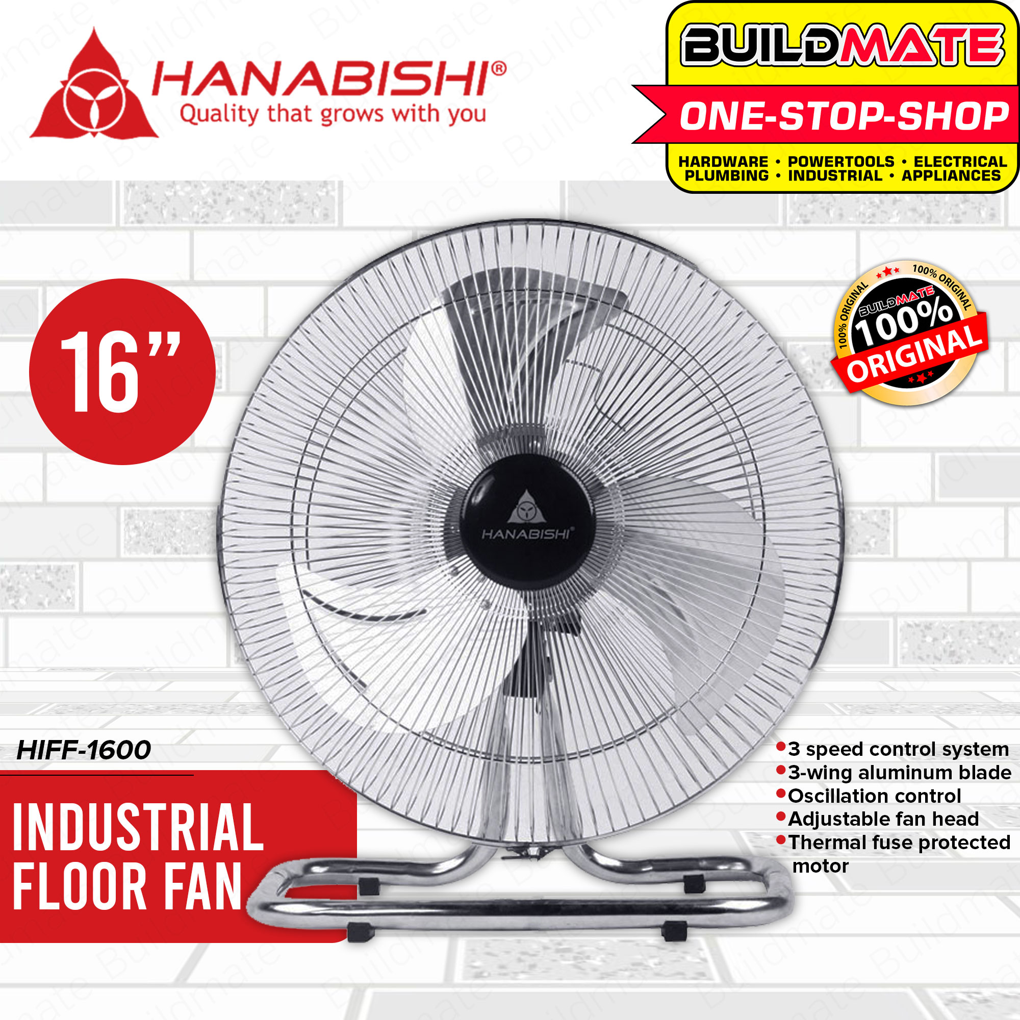 HANABISHI INDUSTRIAL Floor Fan Electric Fan 16" Inch CHROME Desk Fan
