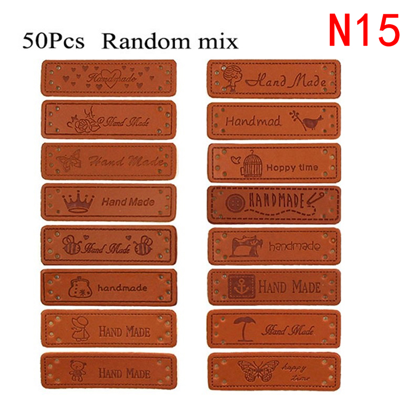 FOX 50Pcs Brown Made with Heart PU Leather Handmade Label Tags DIY Sewing Craft