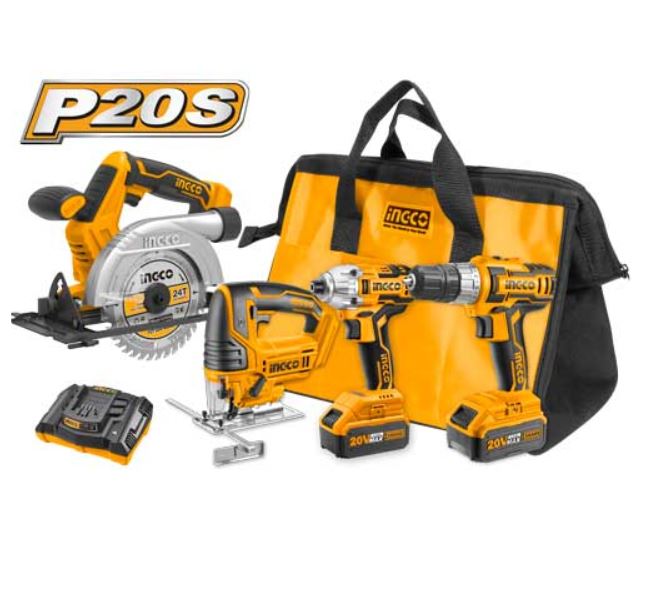 Ingco 4PCS COMBO KIT LithiumIon Cordless Jigsaw, Drill, Impact Driver