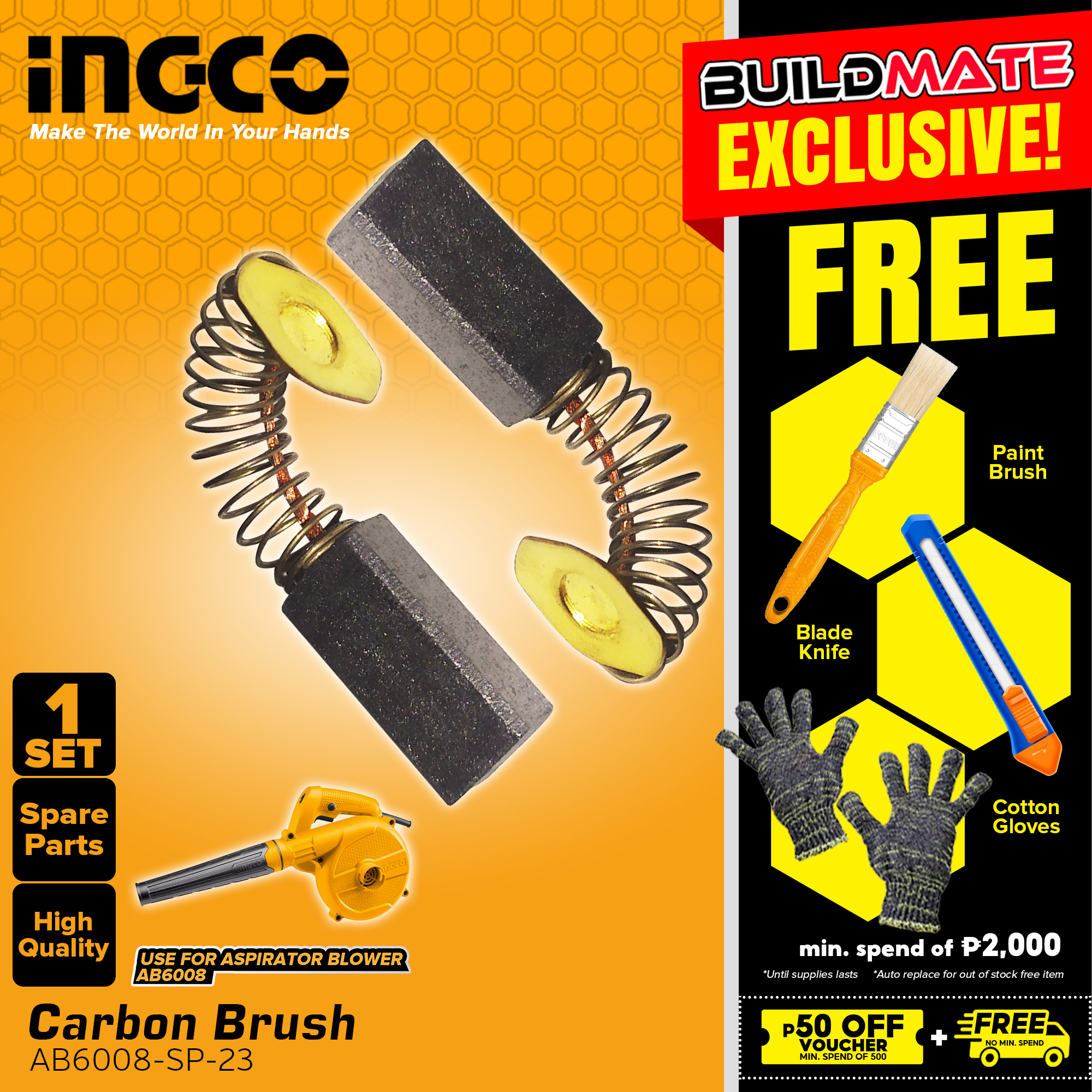 BUILDMATE Ingco 2PCS/SET Carbon Brush for Aspirator Blower Motor Brush