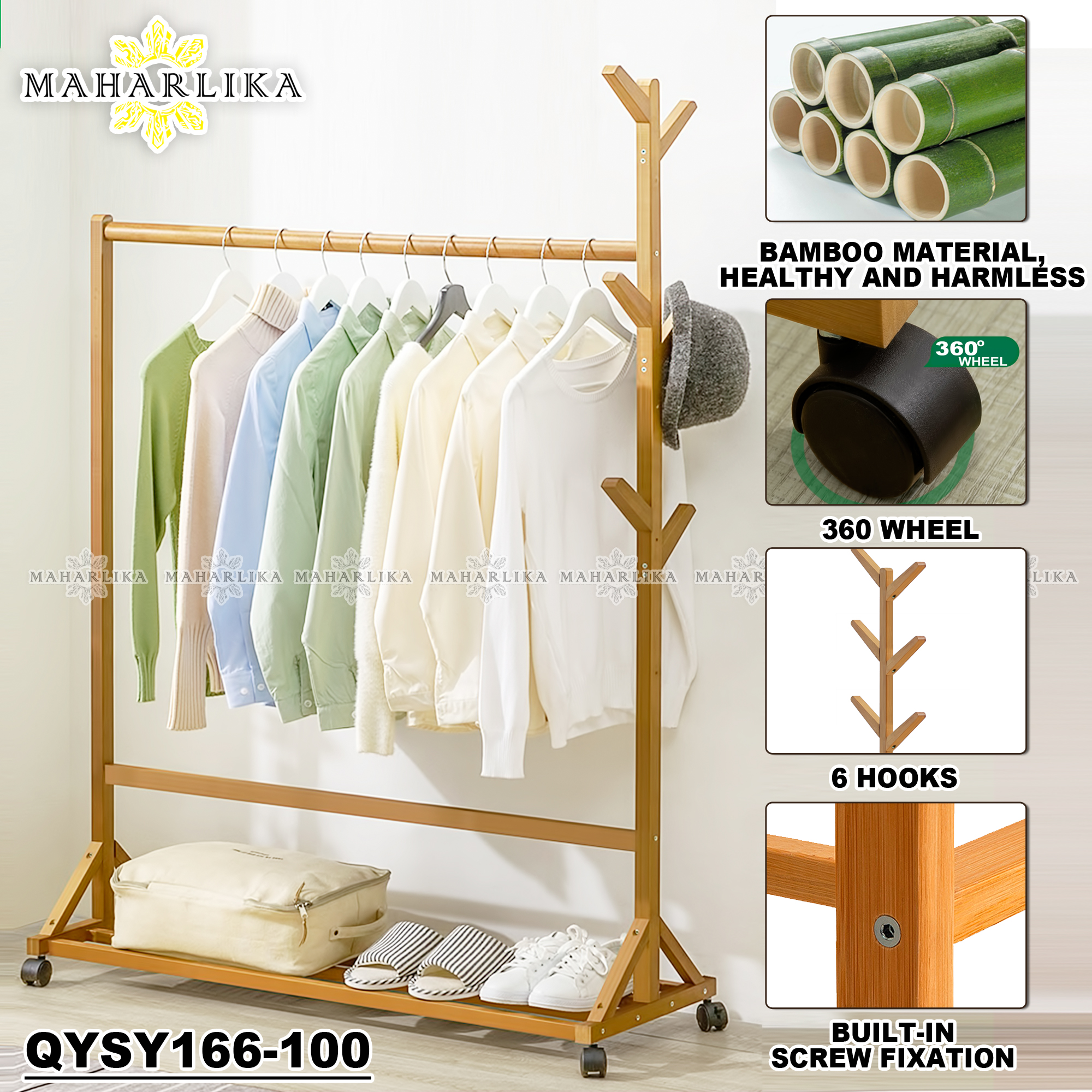 Maharlika QYSY166 Wooden Coat Rack Stand Bamboo Hanging Pole Drying