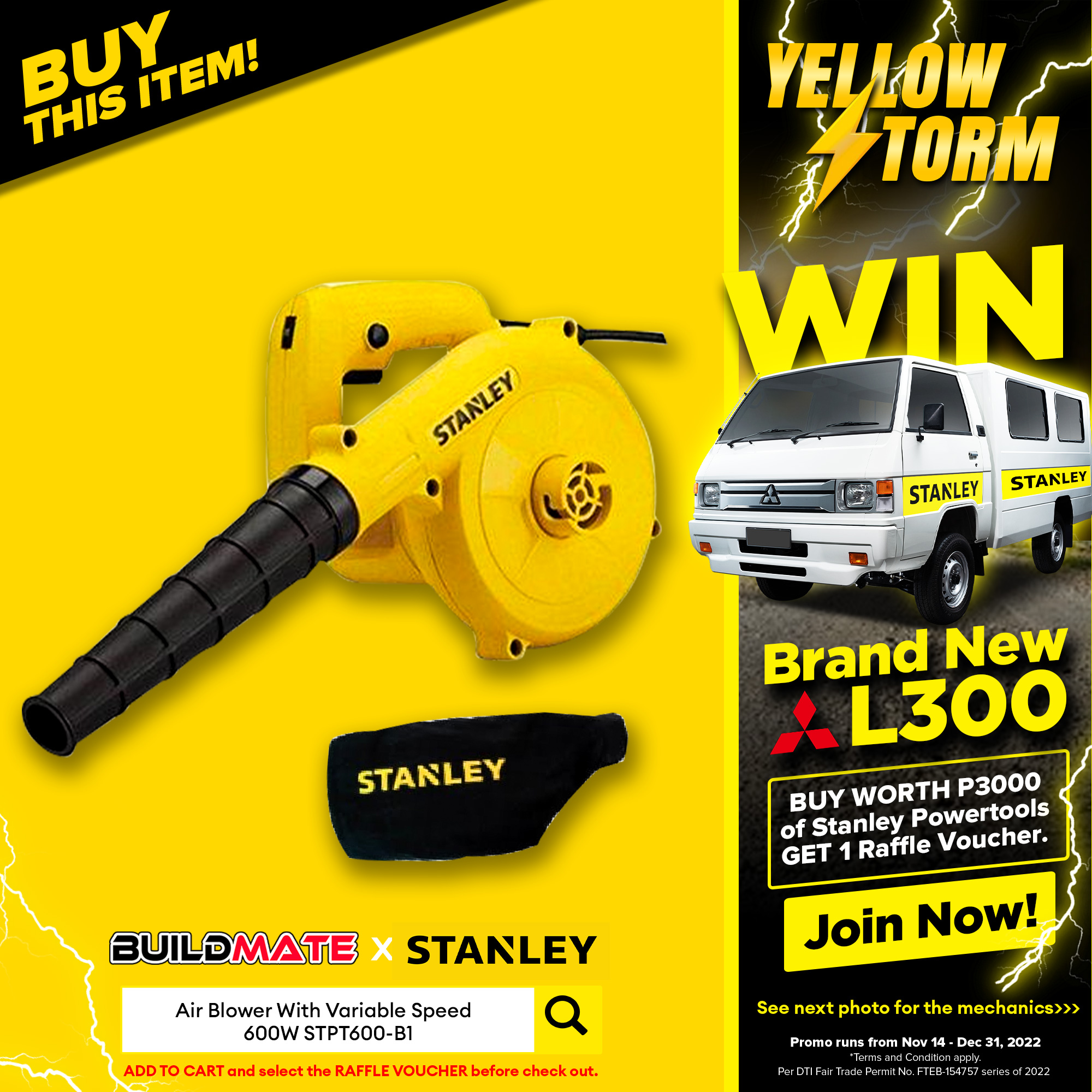 STANLEY Variable Speed Air Blower RUBBER NOZZLE 600W WITH LOCK BUTTON