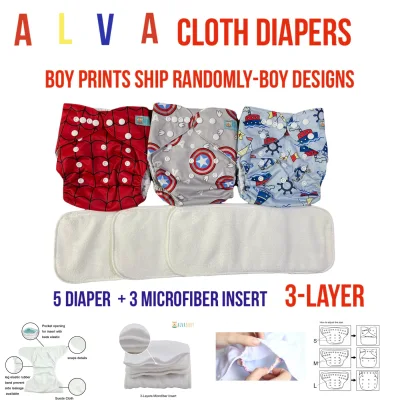 Alva Cloth Diapers with 3-Layer Microfiber insert -PrePacked BOY PRINTS
