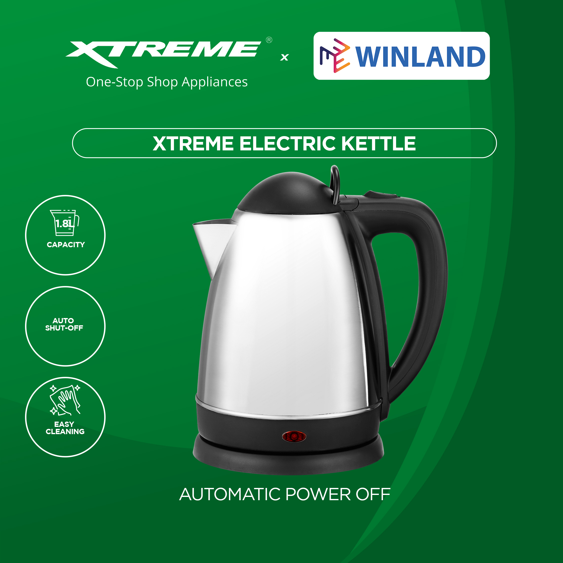 XTREME HOME by Winland 1.8Liters Stainless Steel Cordless Electric Kettle 1950W XHKTSS18
