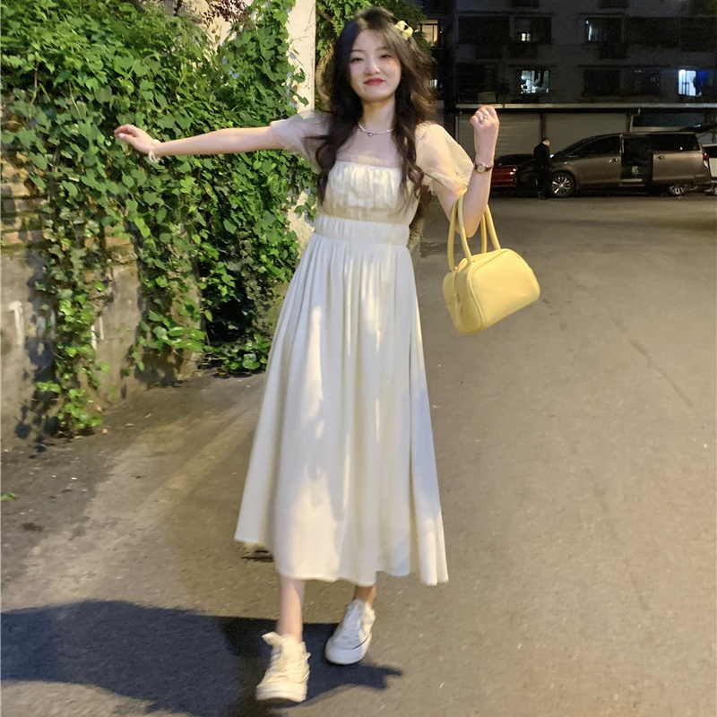 Korean beige long dress for women dress plus size 2xl dress square neck ...