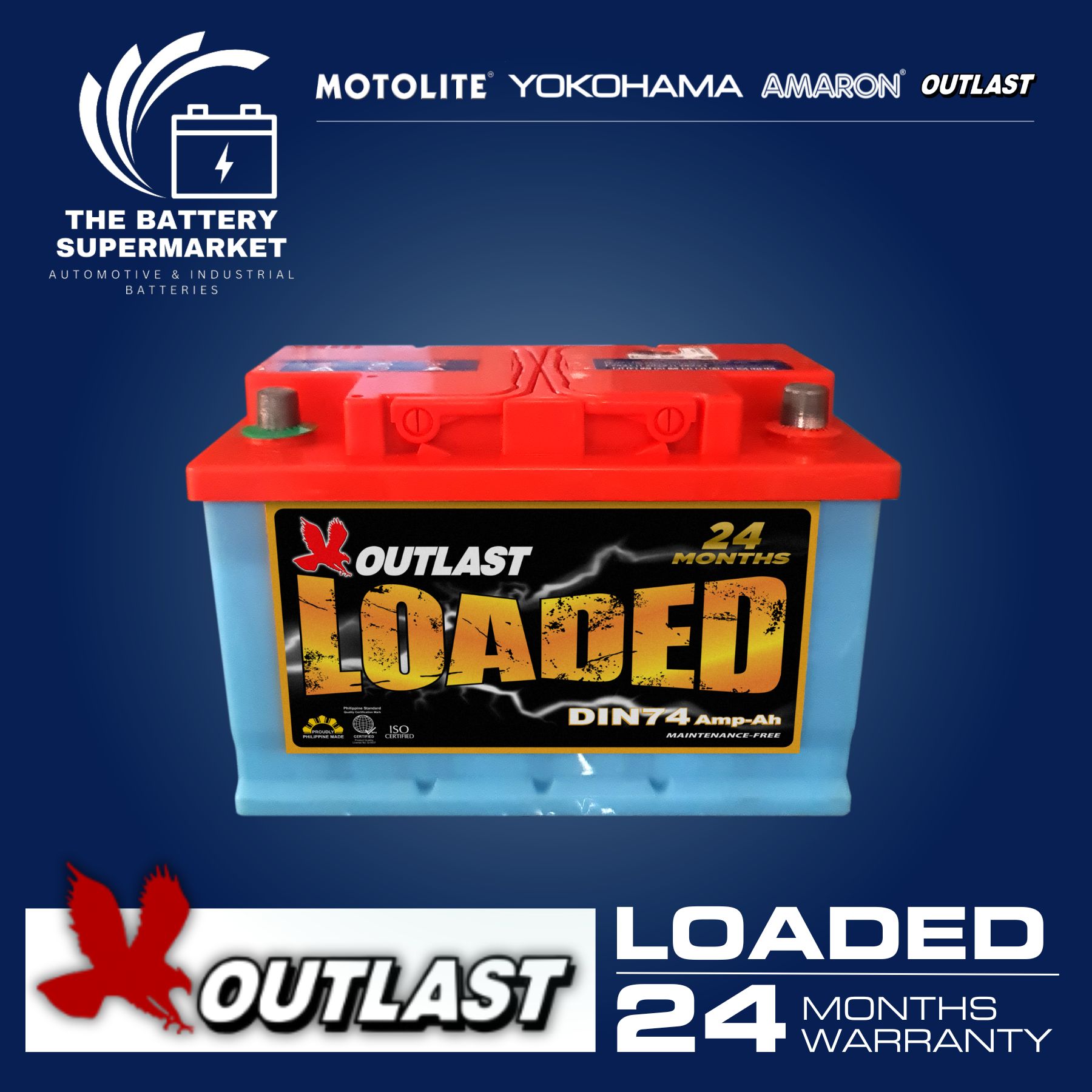 Outlast LOADED DIN74 / DIN66 HIGH MaintenanceFree Car Battery 24