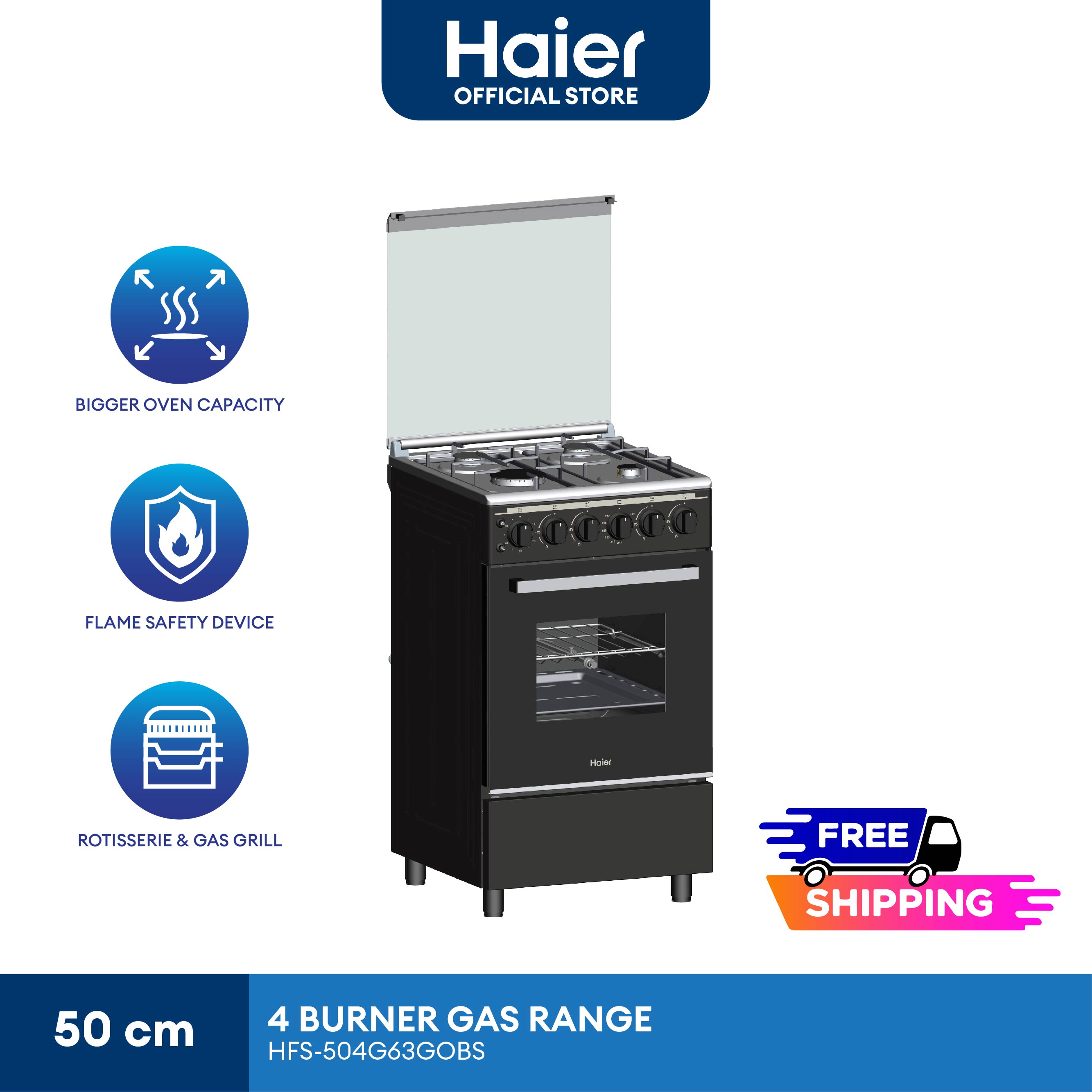 Haier HFS504G63GOBS 50cm Gas Range 4 Burners with 63L Double Burner