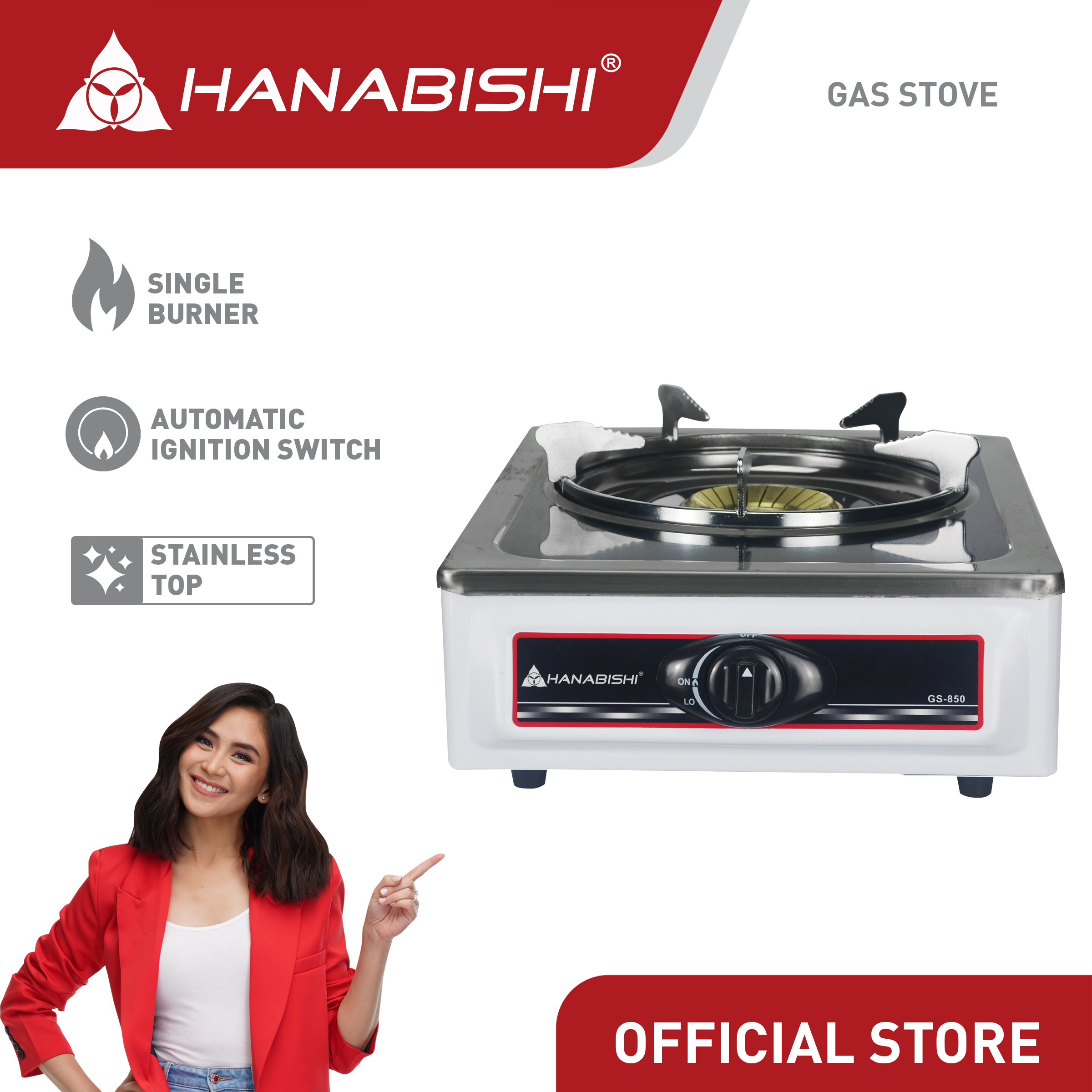 Hanabishi Gas Stove GS850 Single Burner Stainless Top Double Jet System