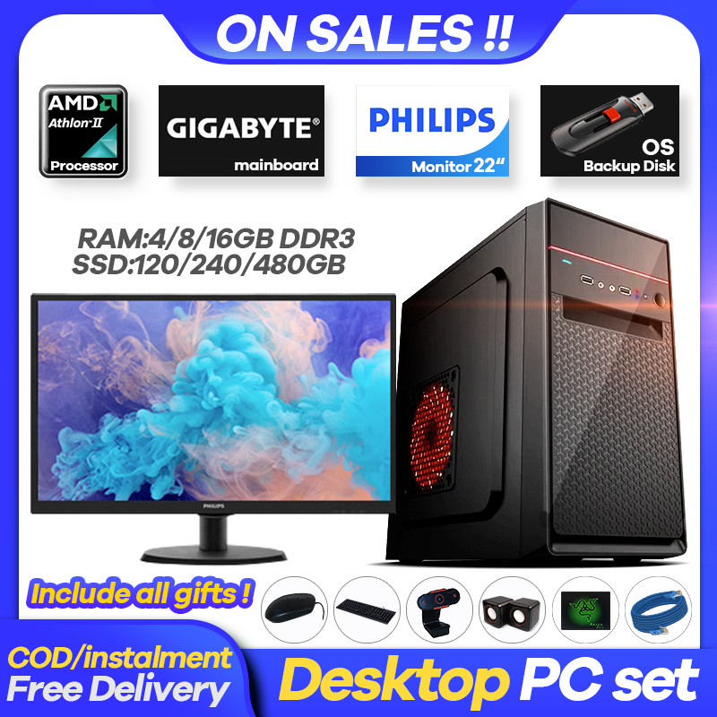 Brand New〗Desktop computer set Office/learning computer full set AMD ATHLON  II X4  GHZ main frequency/Motherboard: GIGABYTE/16G DDR3/480G  SSD/Philips 22inch Monitor/ PC for Gaming PC Full set Complimentary mouse  keyboard/speaker/USB WIFI/HD camera |