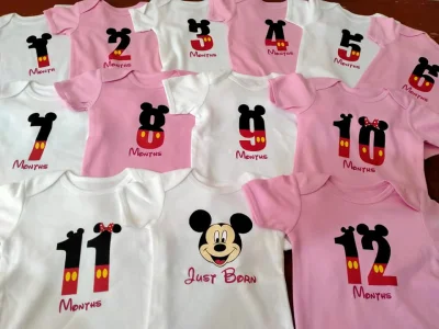 Baby Monthly Milestone Customized Onesies 12pcs or RETAIL plus FREE PRINT of BABY NAME Onesies for baby girl set or retail Onesies for baby boy set or retail Unisex baby Onesies set or retail M.Mouse Design