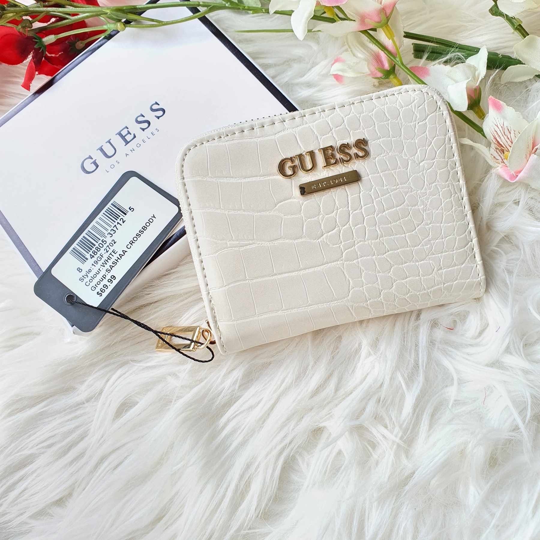 Guess Croc Effect Small Zip Around Wallet in White Faux Leather Women