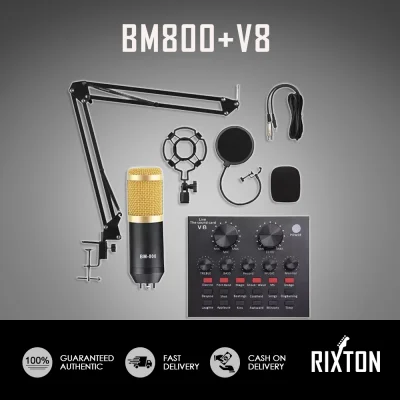 Rixton BM800 Condenser Microphone Full Set (V8 Soundcard, BM800 Microphone, Pop Filter, NB35 Table Stand) Professional Studio Recording Microphone Set with Live Soundcard