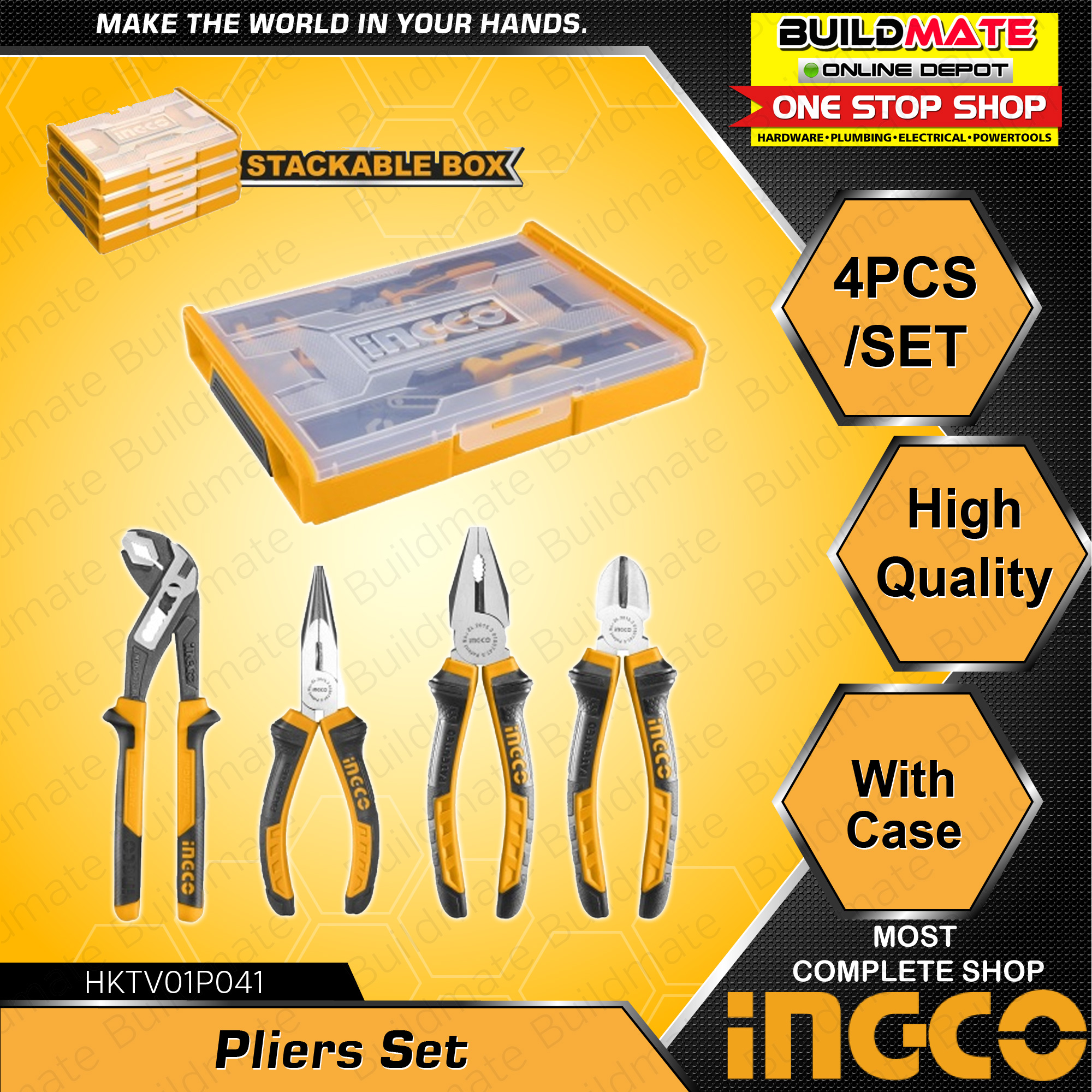 INGCO 4PCS Pliers Set With Stackable Plastic Box 8" Inch Combination