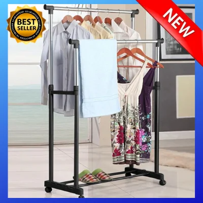 Double Pole Clothes Rack(SAMPAYAN) Adjustable Durable Double Pole Telescopic Clothes Rack High Quality,Indoor and outdoor Type Drying Rack Wardrobe Rack Hanger Hanging Clothes,hanging clothes rack organizer