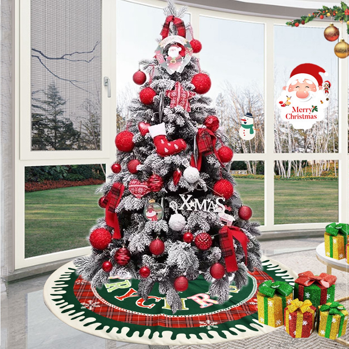 J9YXDU Xmas พรมนาตาลบ้านของขวัญ Santa Claus Christmas Tree กระโปรงต้นไม้พรมเช็ดเท้าผ้าห่ม