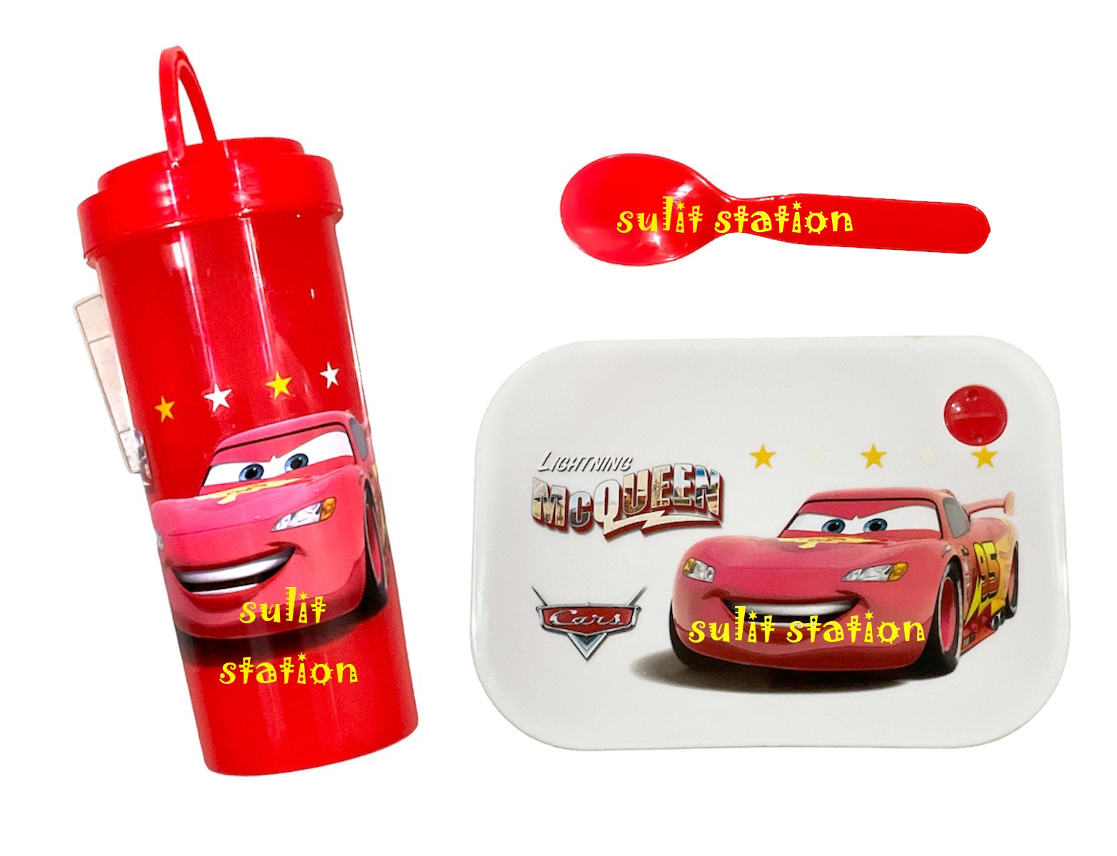 PIXAR CARS LIGHTNING McQUEEN FOOD BAUNAN SNACK LUNCH KIT STORAGE BOX CONTAINER with WATER JUG