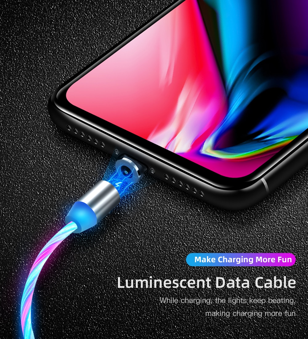 For Android / Type C / Micro USB / for iPhone lightning, Luminous Charger Cable Fast Charging Cord Mag-netic