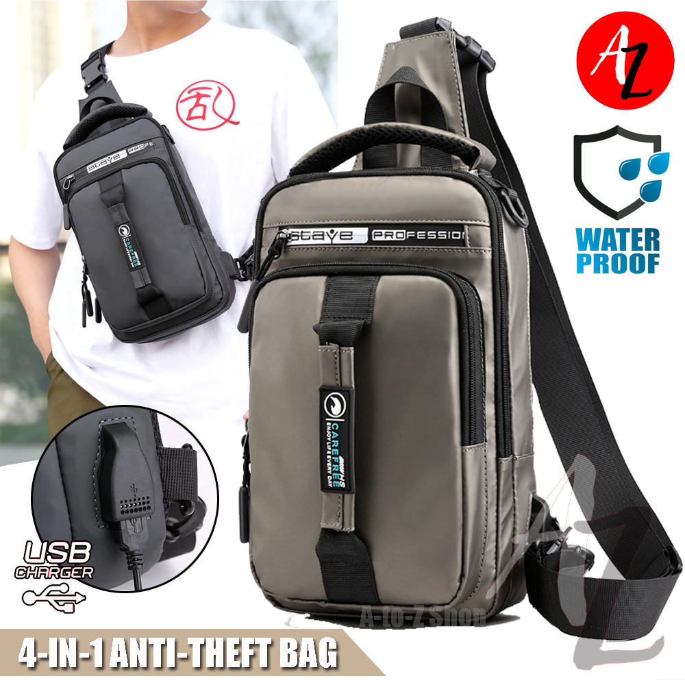 New 4 in 1 Men's AntiTheft Waterproof Sling Shoulder Bag with USB Slot