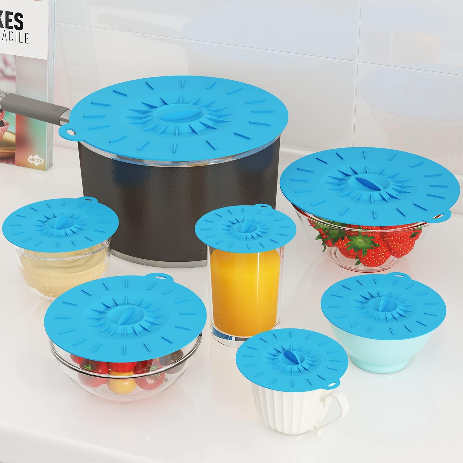 7 Pack Silicone Lids, Microwave Splatter Cover, 5 Sizes Reusable Heat Resistant Food Suction Lids Fits Cups, Bowls, Plates, Pots, Pans, Skillets