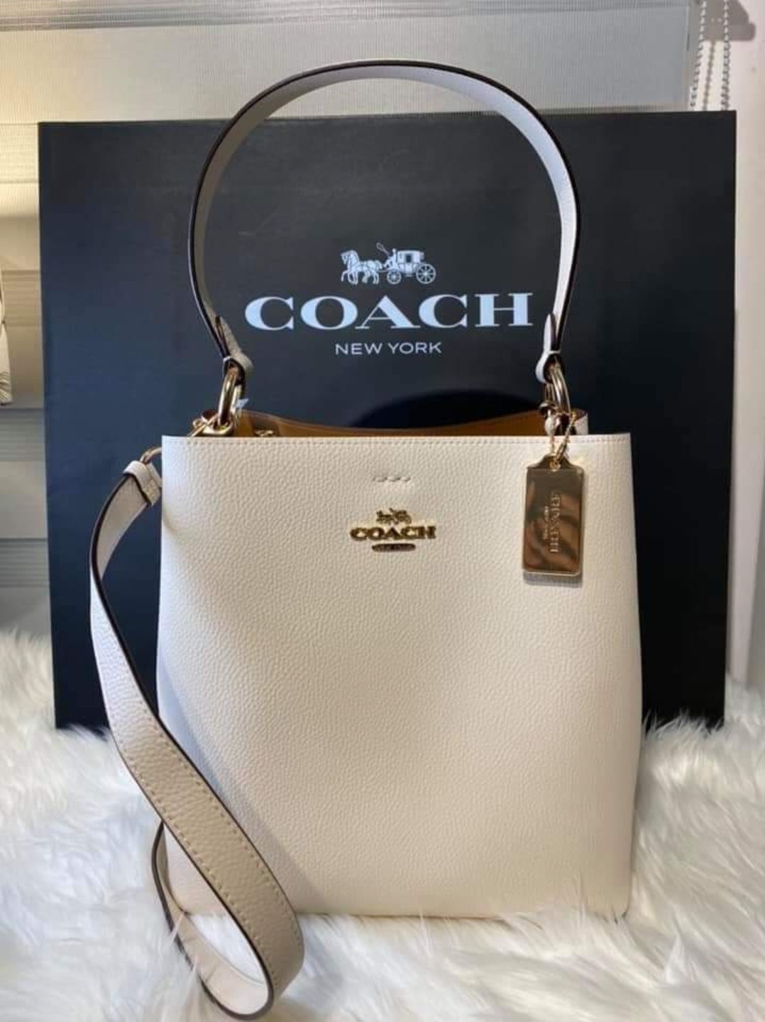 Coach 91122 Town Bucket Bag in Chalk / Light Saddle Polished Pebble ...